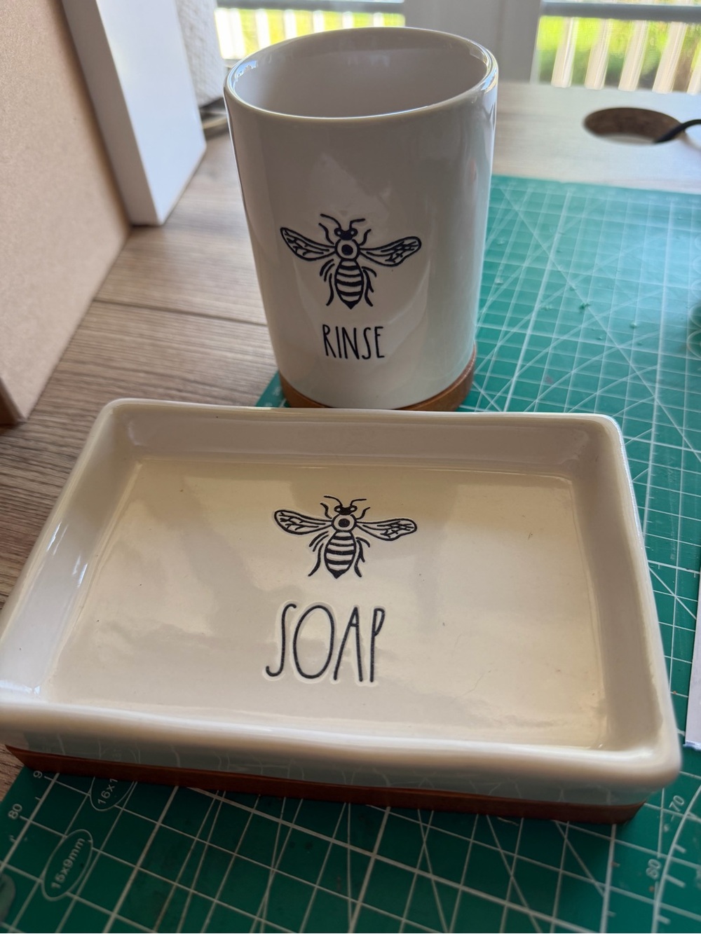Rae Dunn White Bee Soap Dish and Rinse Cup Set